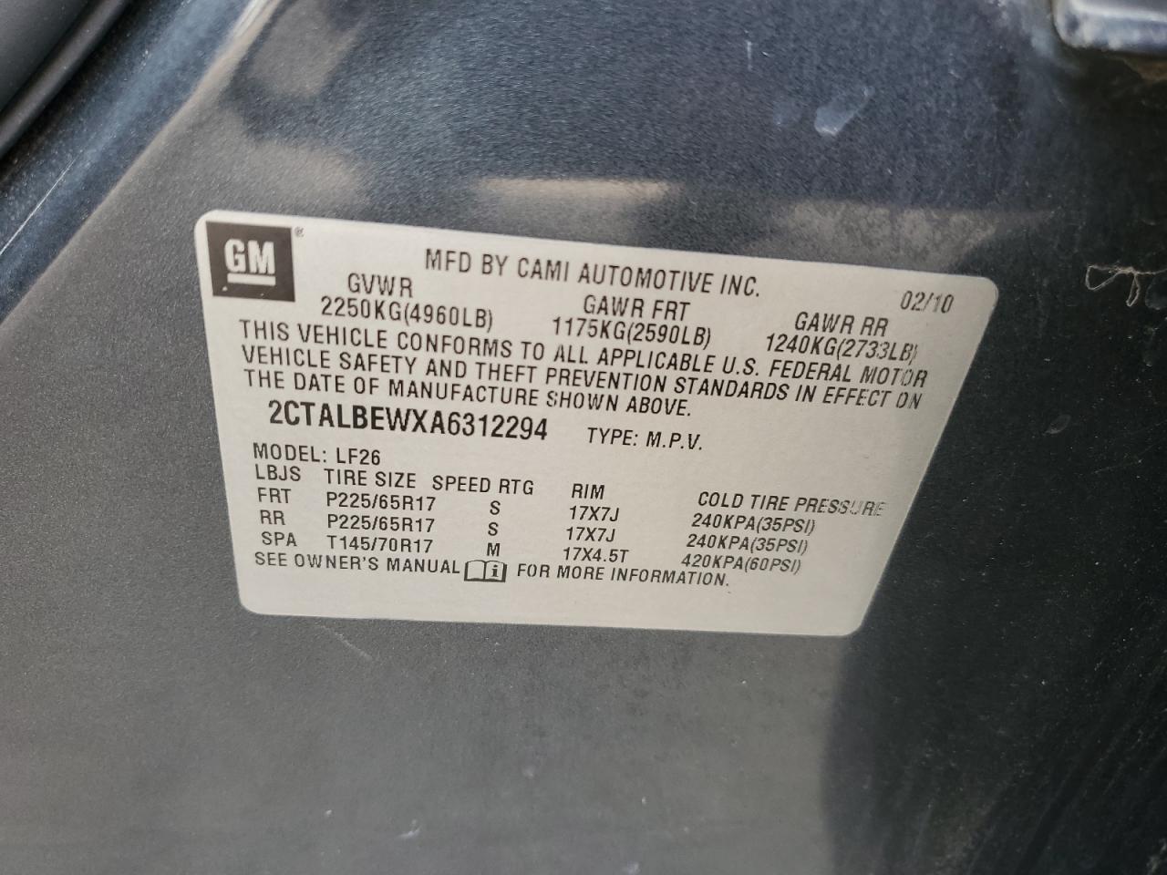 2010 GMC Terrain Sle VIN: 2CTALBEWXA6312294 Lot: 92052185