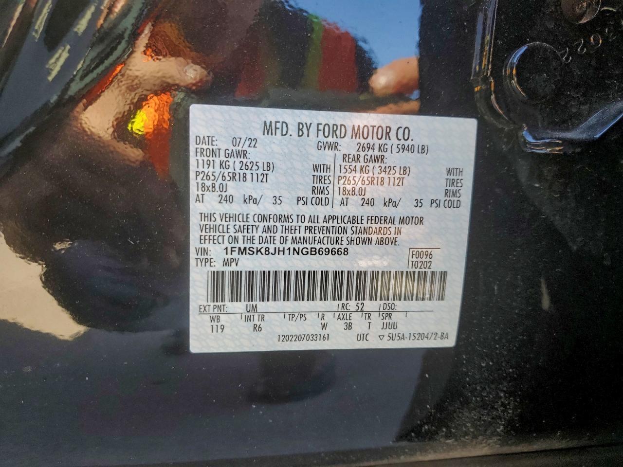 2022 Ford Explorer Timberline VIN: 1FMSK8JH1NGB69668 Lot: 92507215