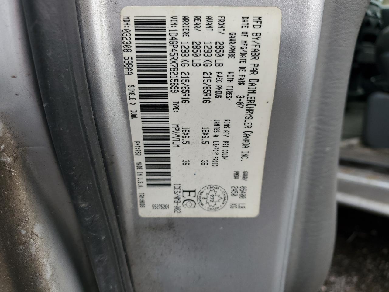 2007 Dodge Caravan Sxt VIN: 1D4GP45RX7B215699 Lot: 90433255