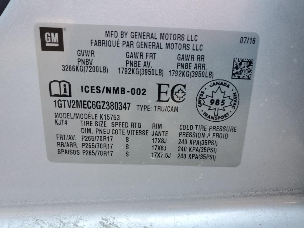 2016 GMC Sierra K1500 Sle VIN: 1GTV2MEC6GZ380347 Lot: 93323265