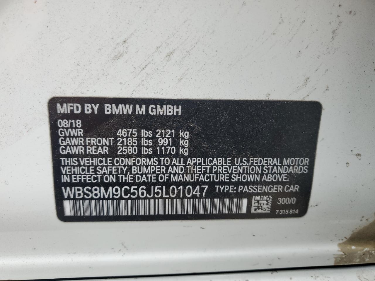 2018 BMW M3 VIN: WBS8M9C56J5L01047 Lot: 92455335