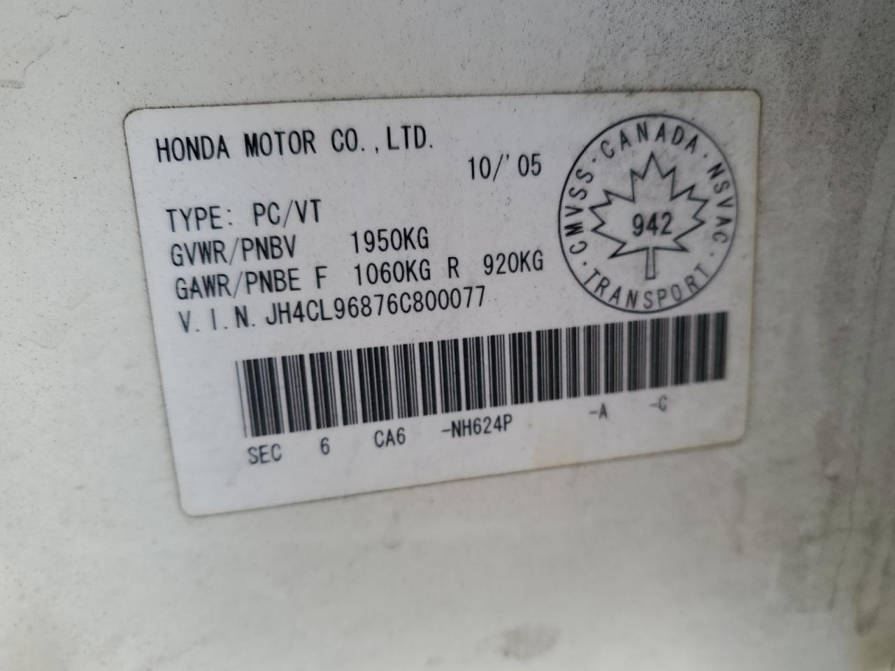 2006 Acura Tsx VIN: JH4CL96876C800077 Lot: 92051555