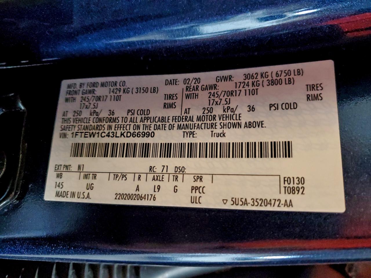 2020 Ford F150 Supercrew VIN: 1FTEW1C43LKD66990 Lot: 94173275