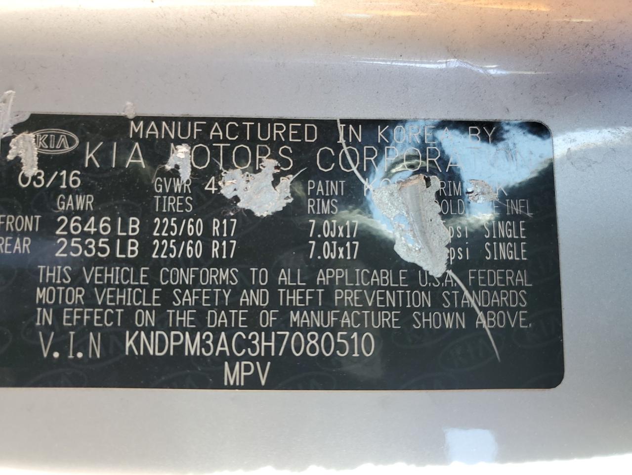 2017 Kia Sportage Lx VIN: KNDPM3AC3H7080510 Lot: 92683015