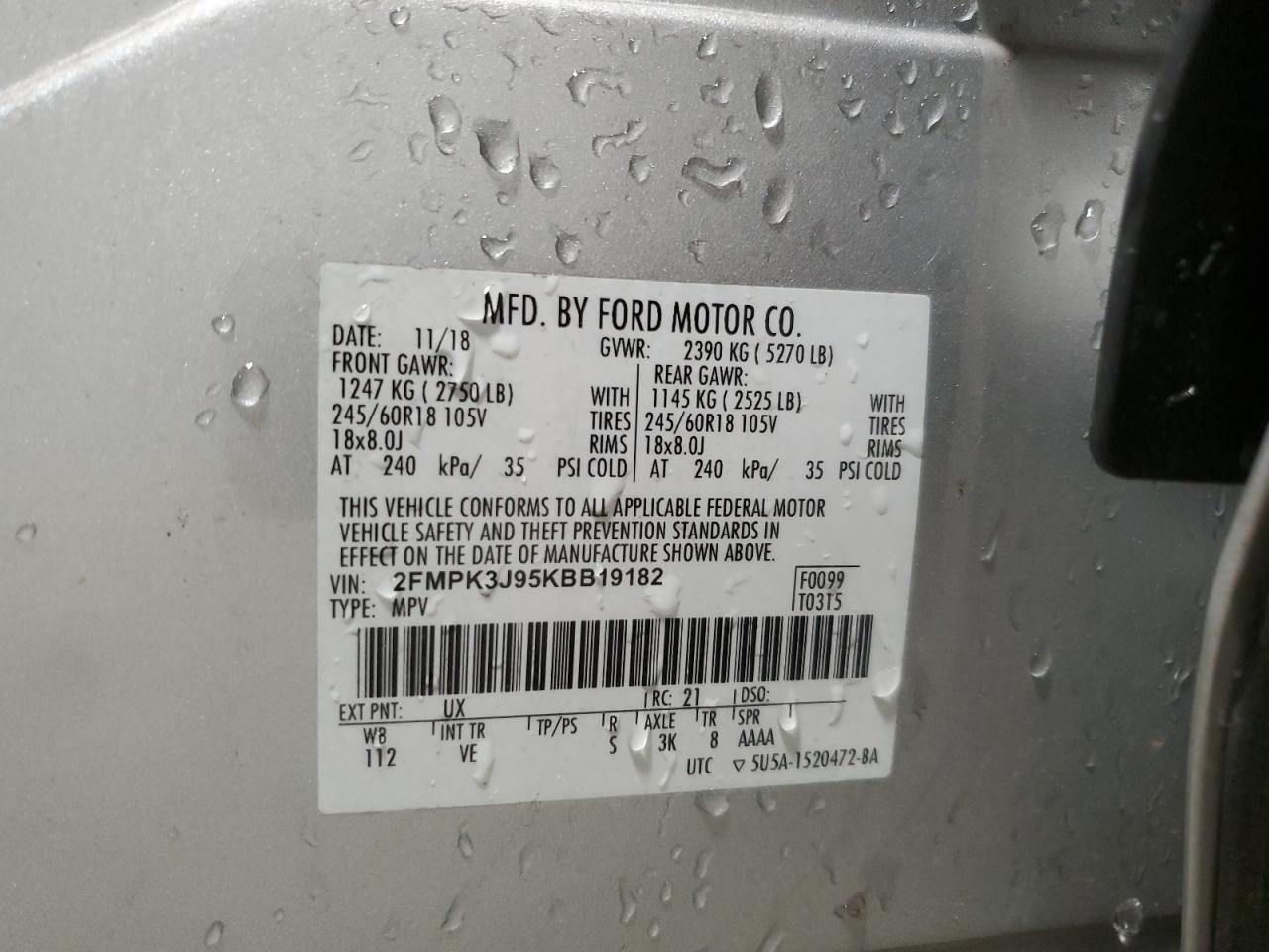 2019 Ford Edge Sel VIN: 2FMPK3J95KBB19182 Lot: 91664985