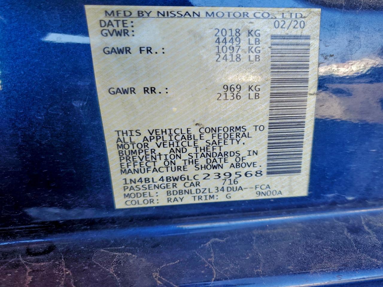 2020 Nissan Altima S VIN: 1N4BL4BW6LC239568 Lot: 93507295