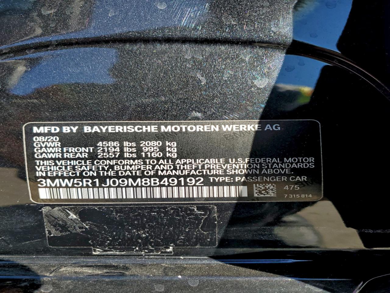 2021 BMW 330I VIN: 3MW5R1J09M8B49192 Lot: 92072225