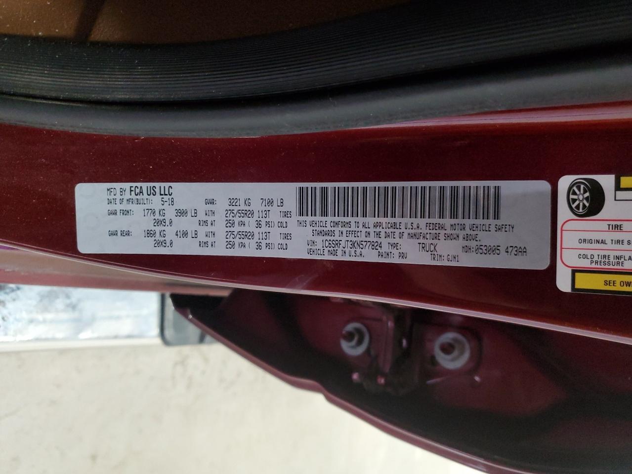 2019 Ram 1500 Laramie VIN: 1C6SRFJT3KN577824 Lot: 91688615