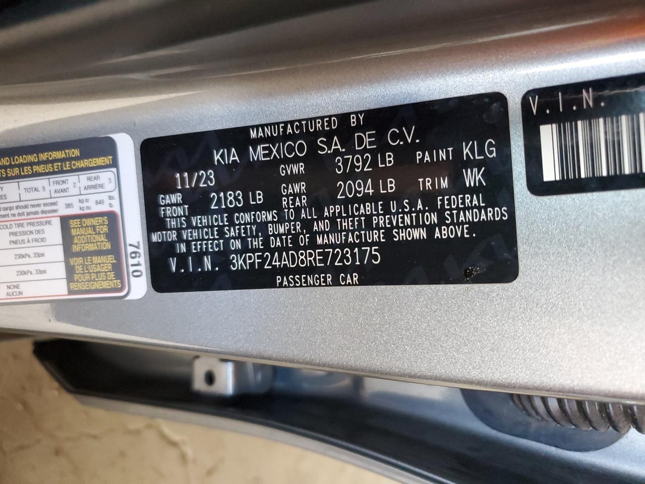 2024 Kia Forte Lx VIN: 3KPF24AD8RE723175 Lot: 93082545