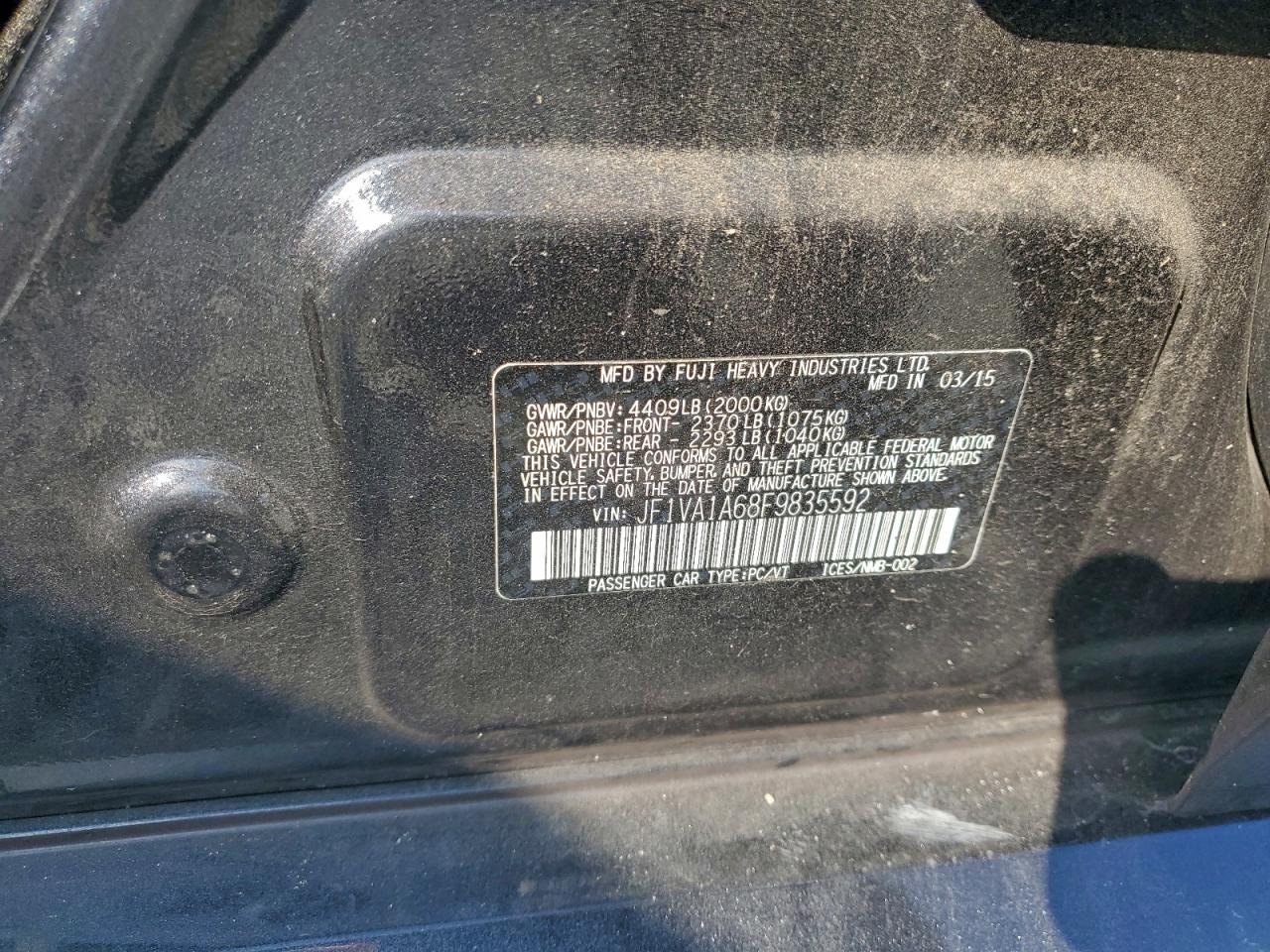 2015 Subaru Wrx VIN: JF1VA1A68F9835592 Lot: 93920625