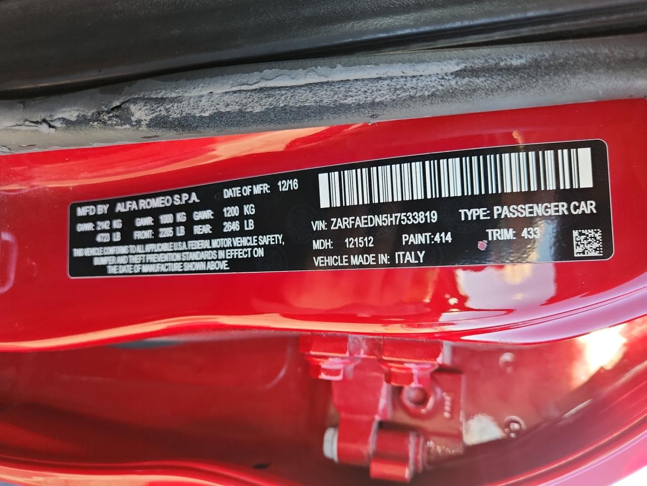 2017 Alfa Romeo Giulia Q4 VIN: ZARFAEDN5H7533819 Lot: 85417615