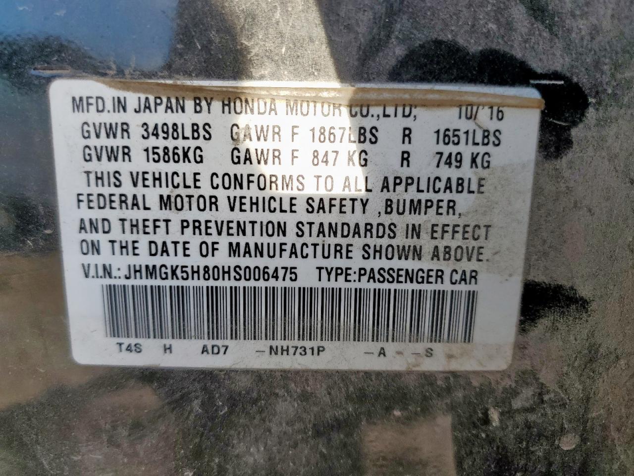 2017 Honda Fit Ex VIN: JHMGK5H80HS006475 Lot: 92999955