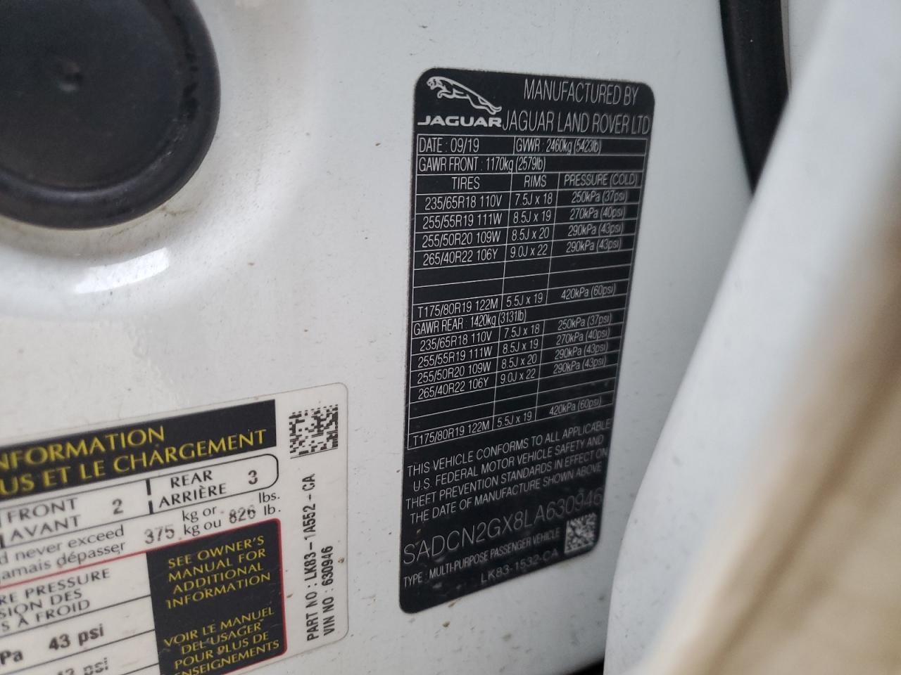 2020 Jaguar F-Pace Portfolio VIN: SADCN2GX8LA630946 Lot: 91577065