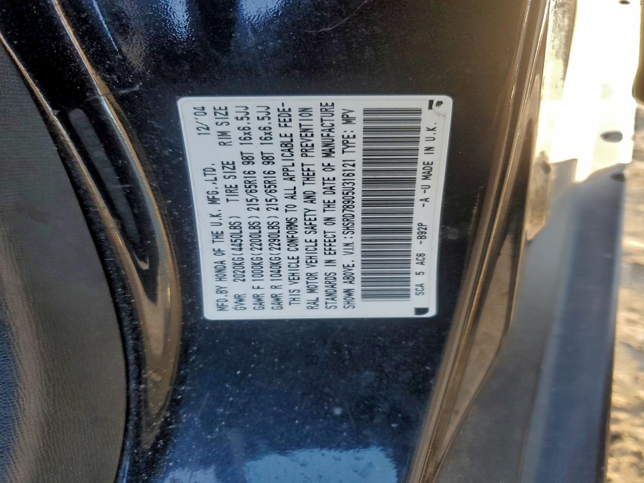 2005 Honda Cr-V Se VIN: SHSRD78905U316121 Lot: 93412625