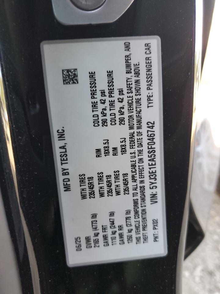 2025 Tesla Model 3 VIN: 5YJ3E1EA5SF046742 Lot: 92081095