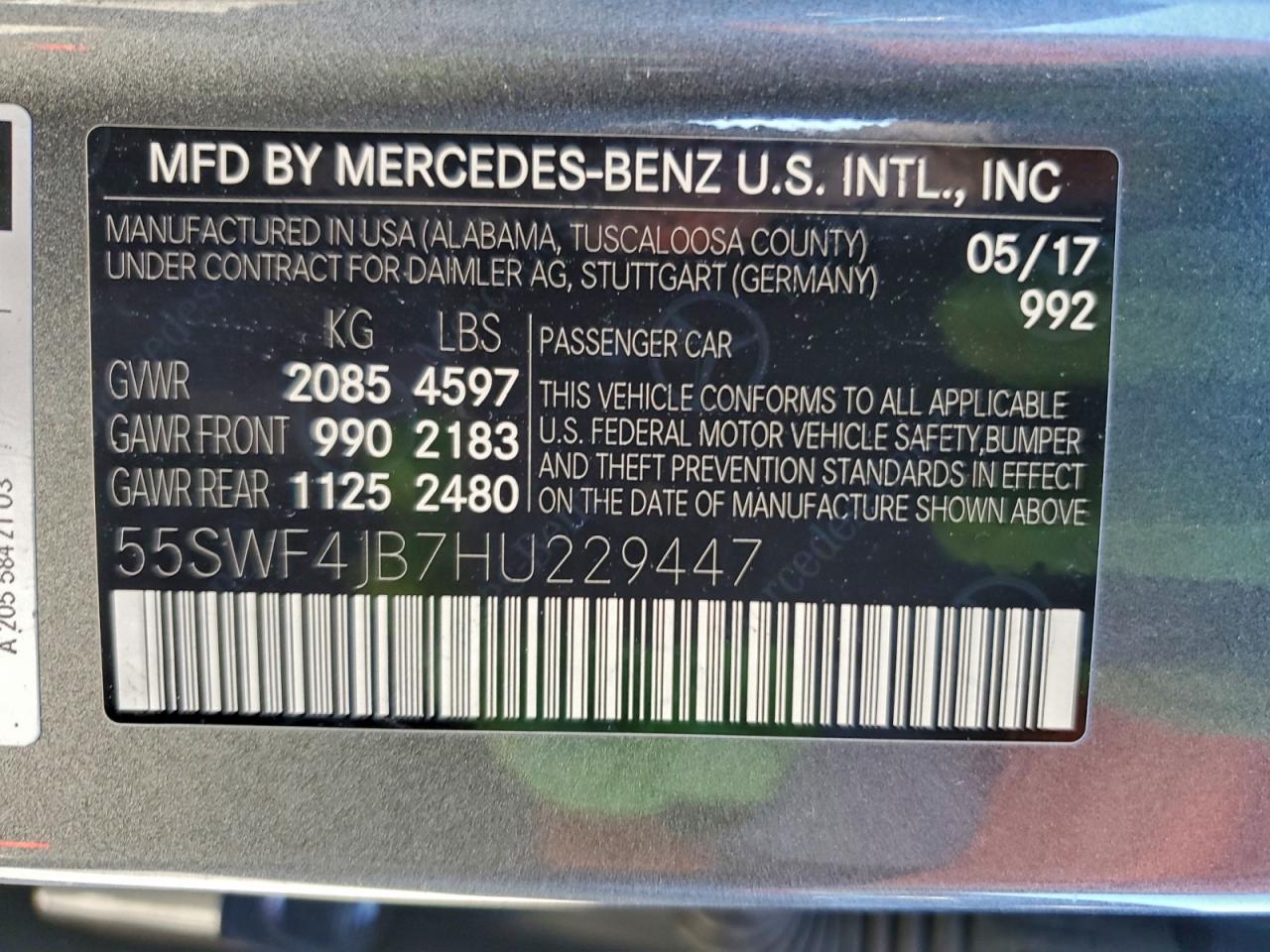 2017 Mercedes-Benz C 300 VIN: 55SWF4JB7HU229447 Lot: 93977395