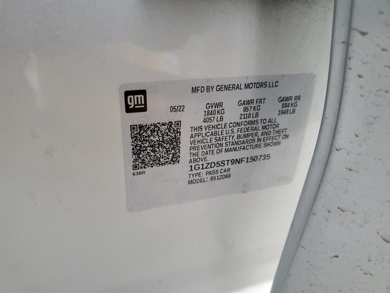 2022 Chevrolet Malibu Lt VIN: 1G1ZD5ST9NF150735 Lot: 91992935