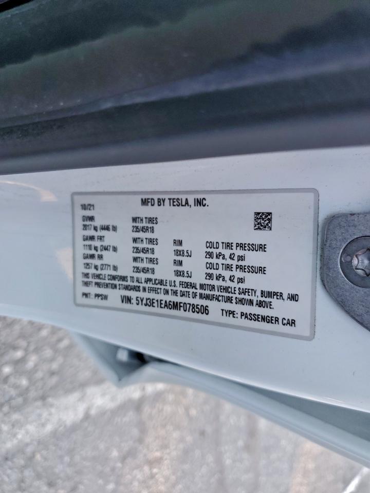 2021 Tesla Model 3 VIN: 5YJ3E1EA6MF078506 Lot: 94372485