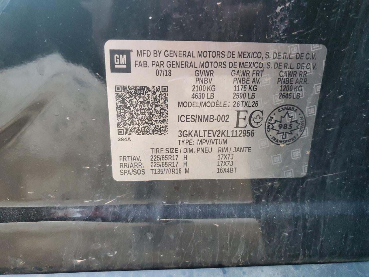 2019 GMC Terrain Sle VIN: 3GKALTEV2KL112956 Lot: 93635975