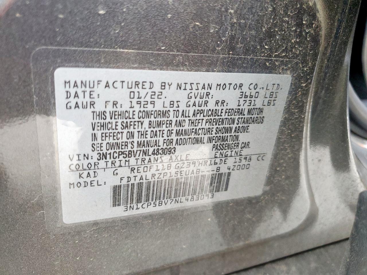 2022 Nissan Kicks S VIN: 3N1CP5BV7NL483093 Lot: 86165625