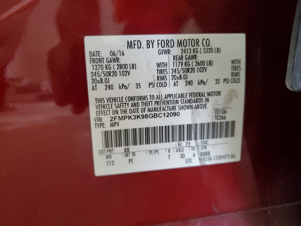 2016 Ford Edge Titanium VIN: 2FMPK3K98GBC12090 Lot: 93482595