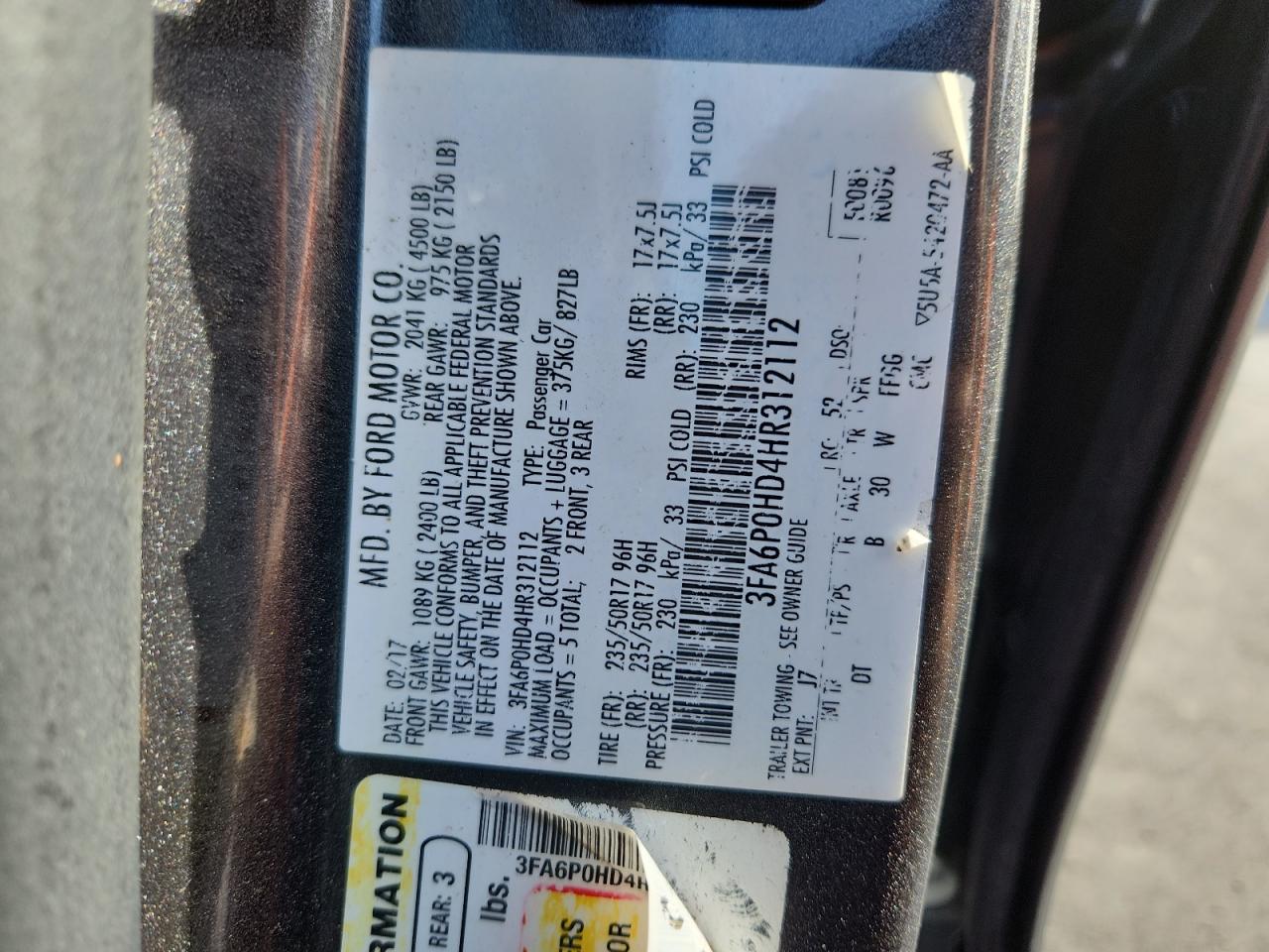 2017 Ford Fusion Se VIN: 3FA6P0HD4HR312112 Lot: 93142765