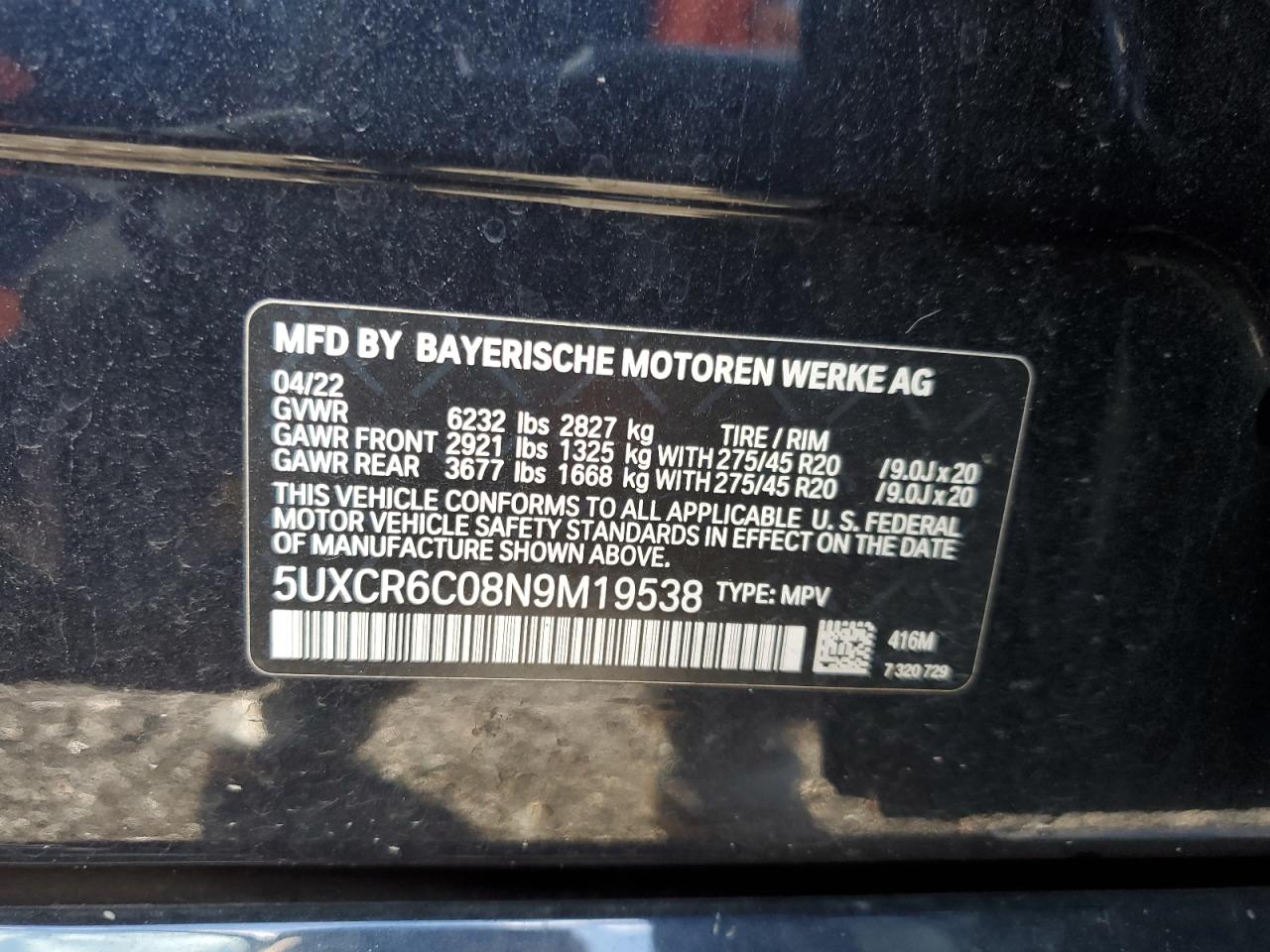 2022 BMW X5 xDrive40I VIN: 5UXCR6C08N9M19538 Lot: 90803545