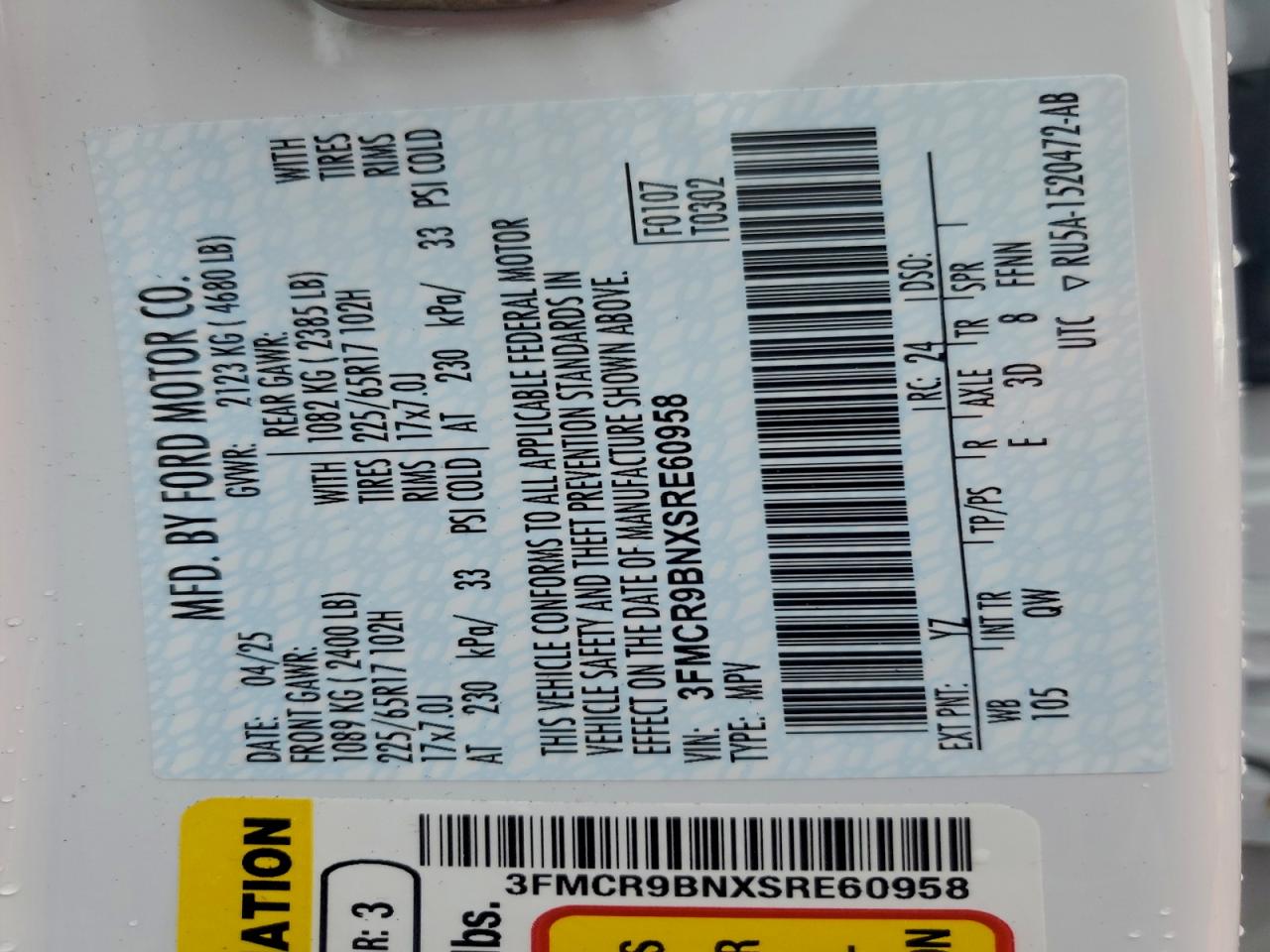 2025 Ford Bronco Sport Big Bend VIN: 3FMCR9BNXSRE60958 Lot: 94298835