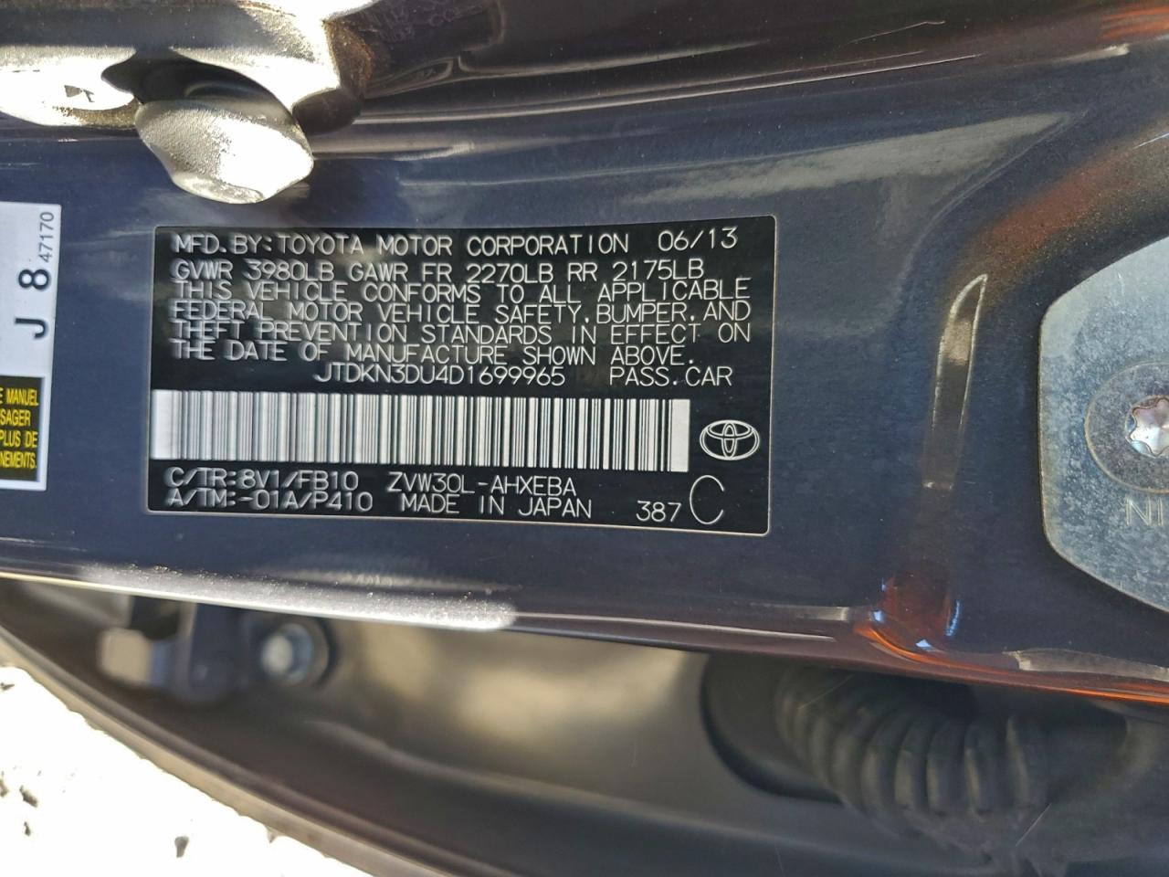 2013 Toyota Prius VIN: JTDKN3DU4D1699965 Lot: 94001225