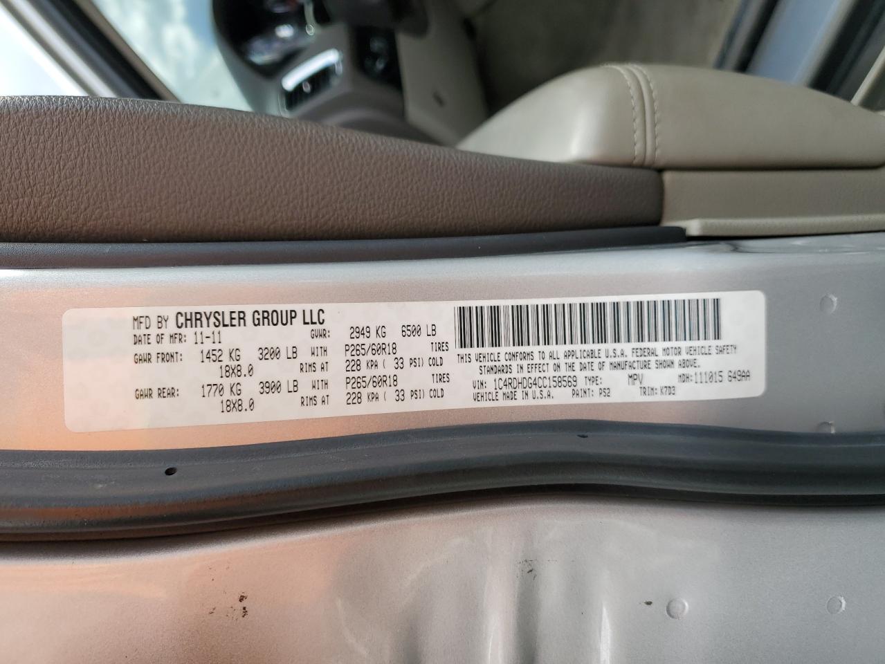 2012 Dodge Durango Crew VIN: 1C4RDHDG4CC158569 Lot: 92978865