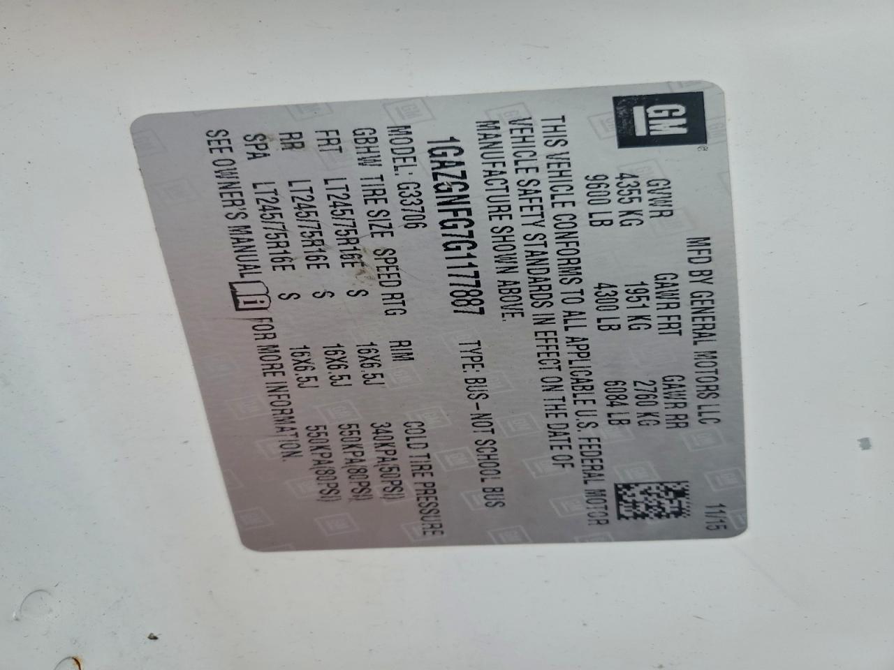 2016 Chevrolet Express G3500 Ls VIN: 1GAZGNFG7G1177887 Lot: 94133025