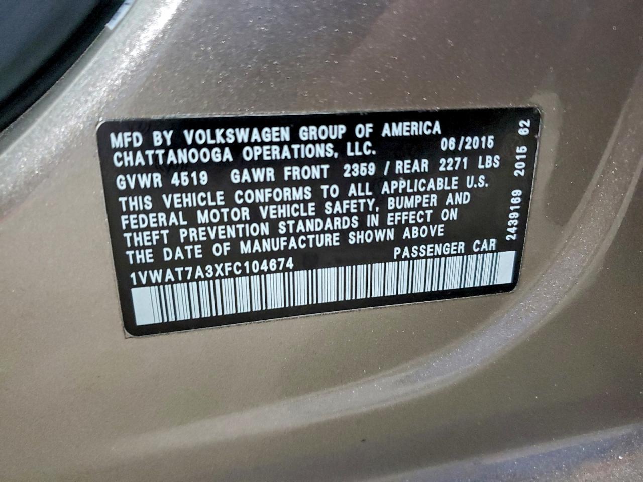 2015 Volkswagen Passat S VIN: 1VWAT7A3XFC104674 Lot: 94328455