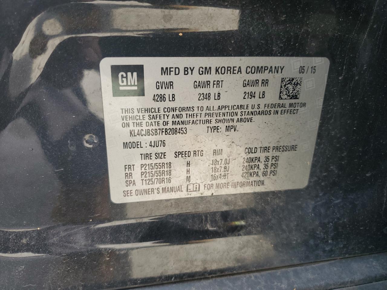 2015 Buick Encore Convenience VIN: KL4CJBSB7FB208453 Lot: 91443705