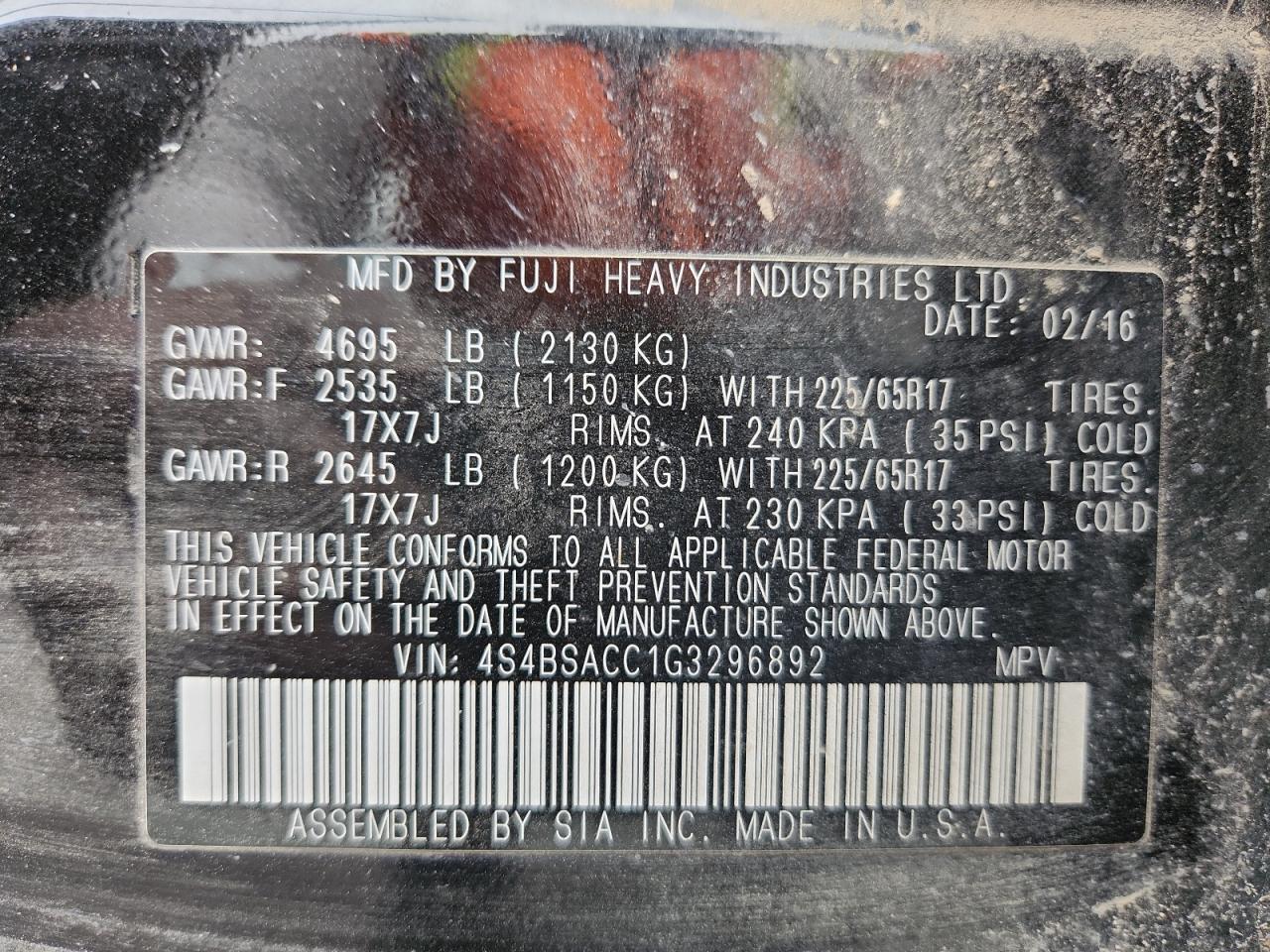 2016 Subaru Outback 2.5I Premium VIN: 4S4BSACC1G3296892 Lot: 93554655