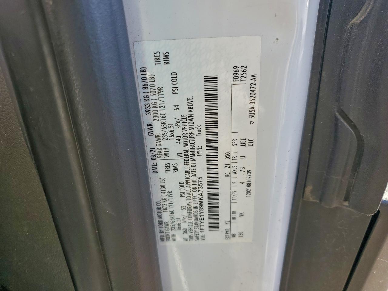 2021 Ford Transit T-150 VIN: 1FTYE1Y89MKA73575 Lot: 93898635