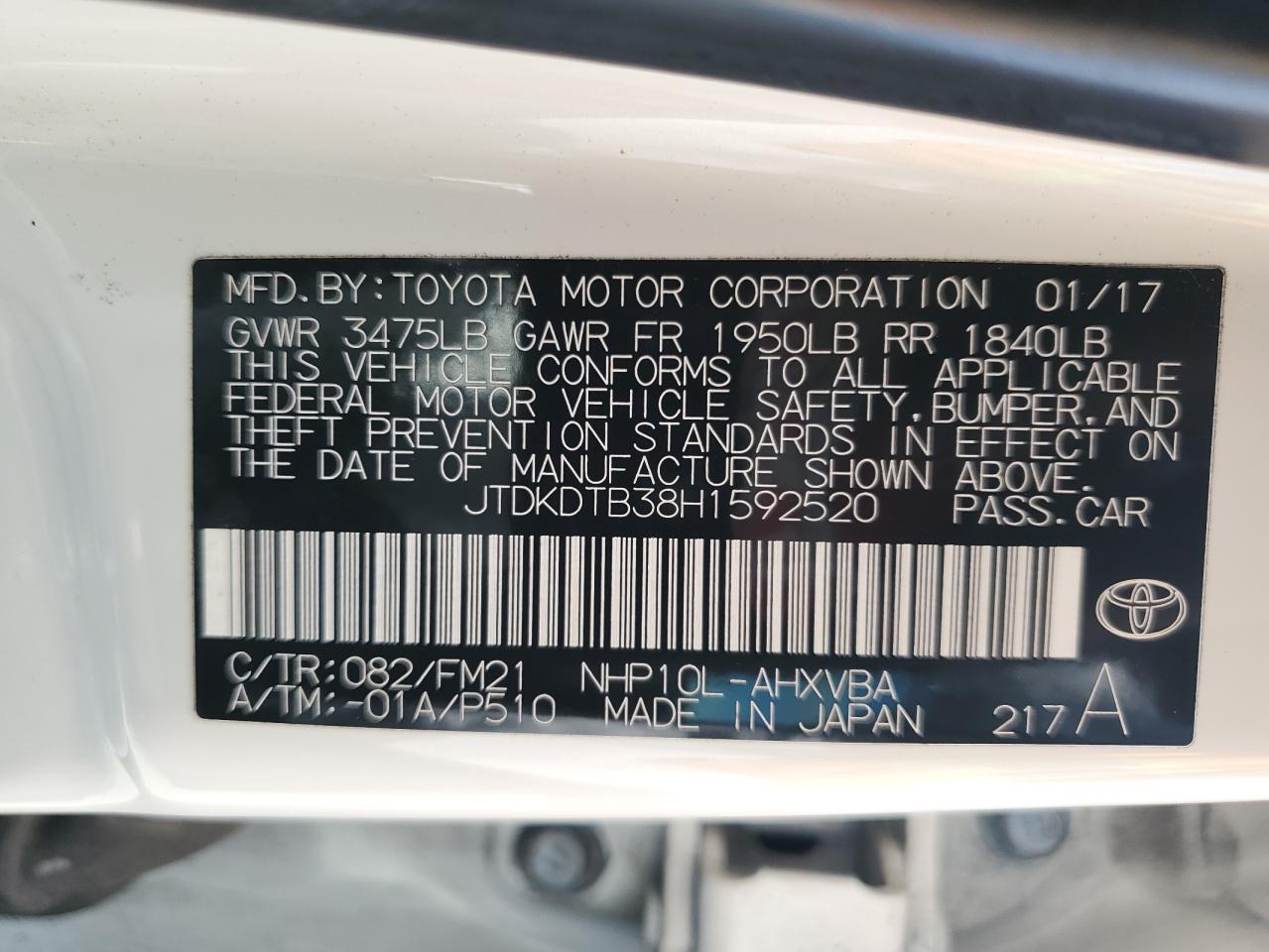 2017 Toyota Prius C VIN: JTDKDTB38H1592520 Lot: 93304115