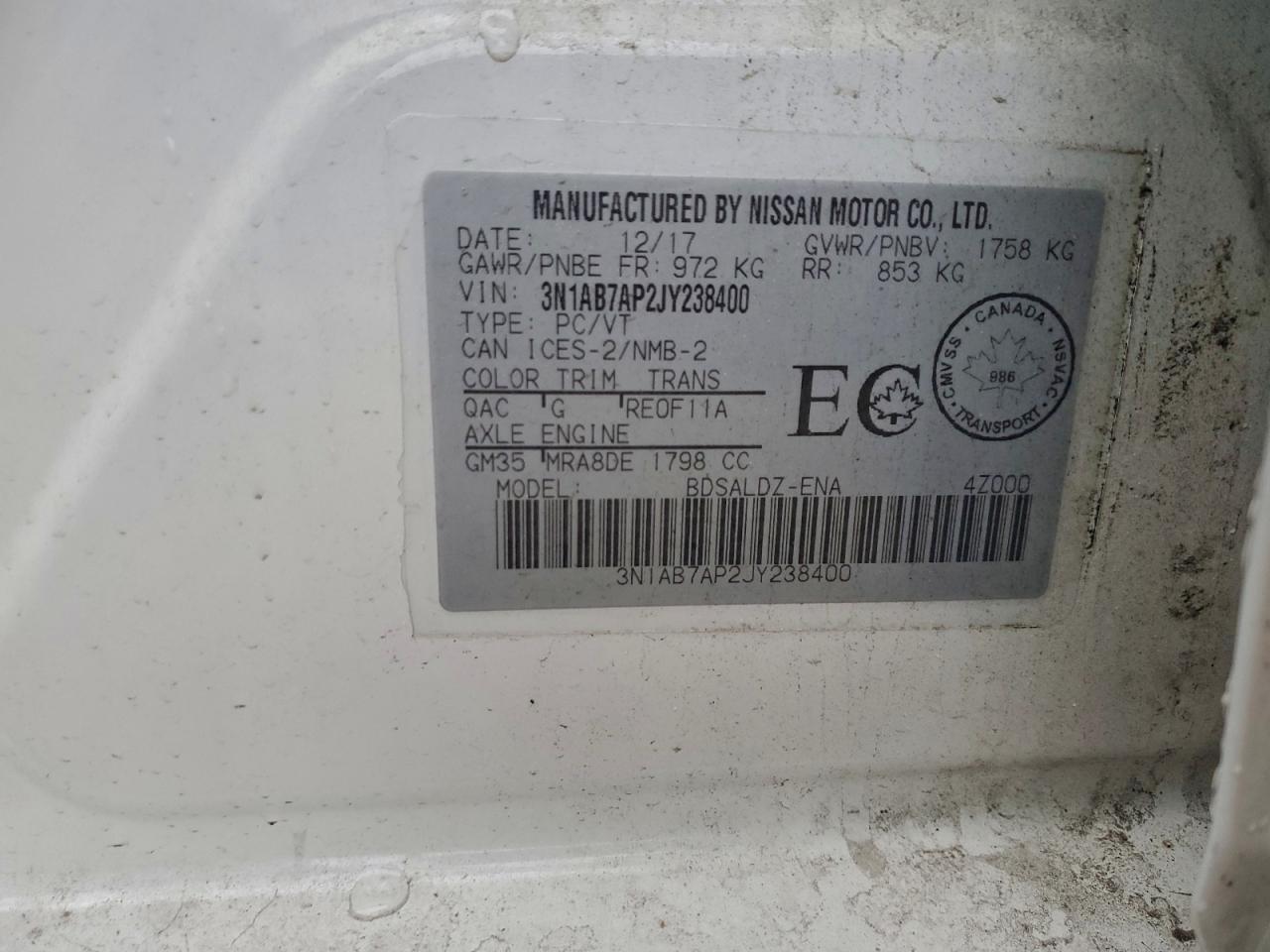 2018 Nissan Sentra S VIN: 3N1AB7AP2JY238400 Lot: 94479315