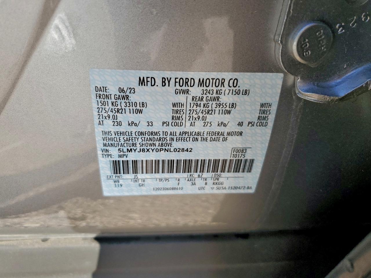 2023 Lincoln Aviator Grand Touring VIN: 5LMYJ8XY0PNL02842 Lot: 93646335