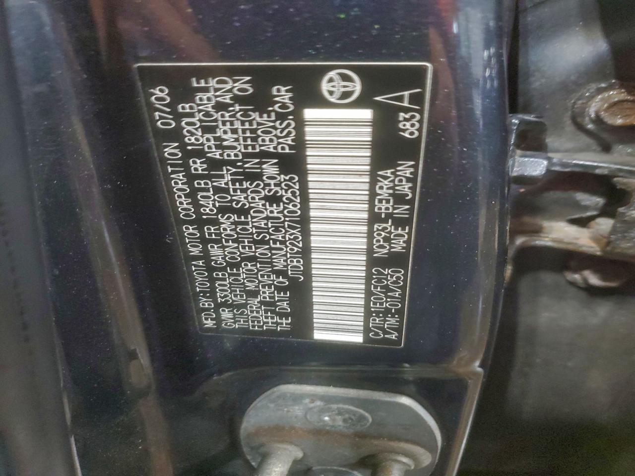 2007 Toyota Yaris VIN: JTDBT923X71062523 Lot: 94261625