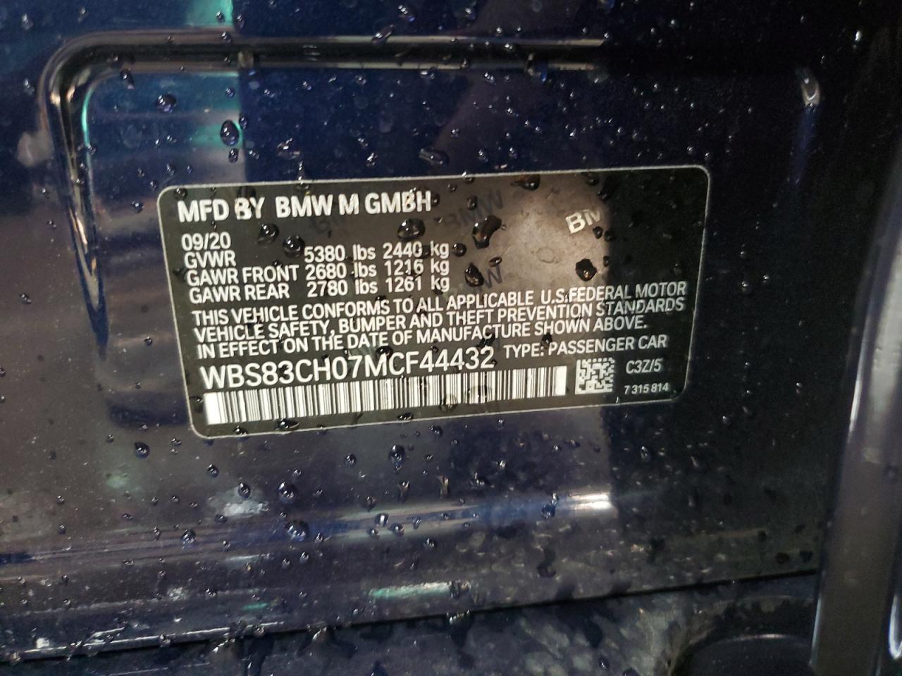 2021 BMW M5 VIN: WBS83CH07MCF44432 Lot: 93258395