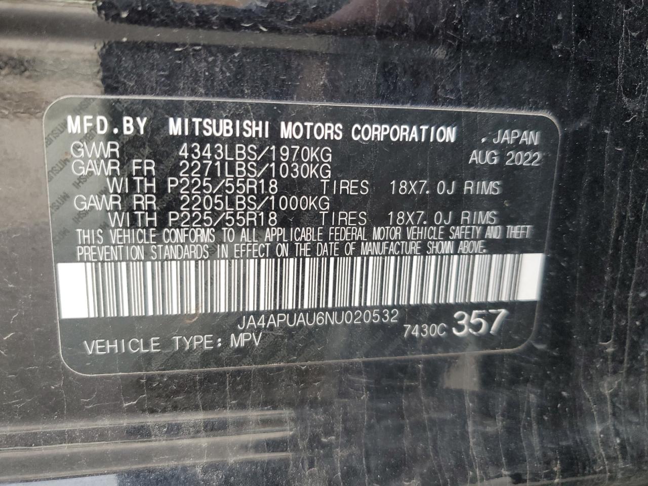 2022 Mitsubishi Outlander Sport Es VIN: JA4APUAU6NU020532 Lot: 92991385