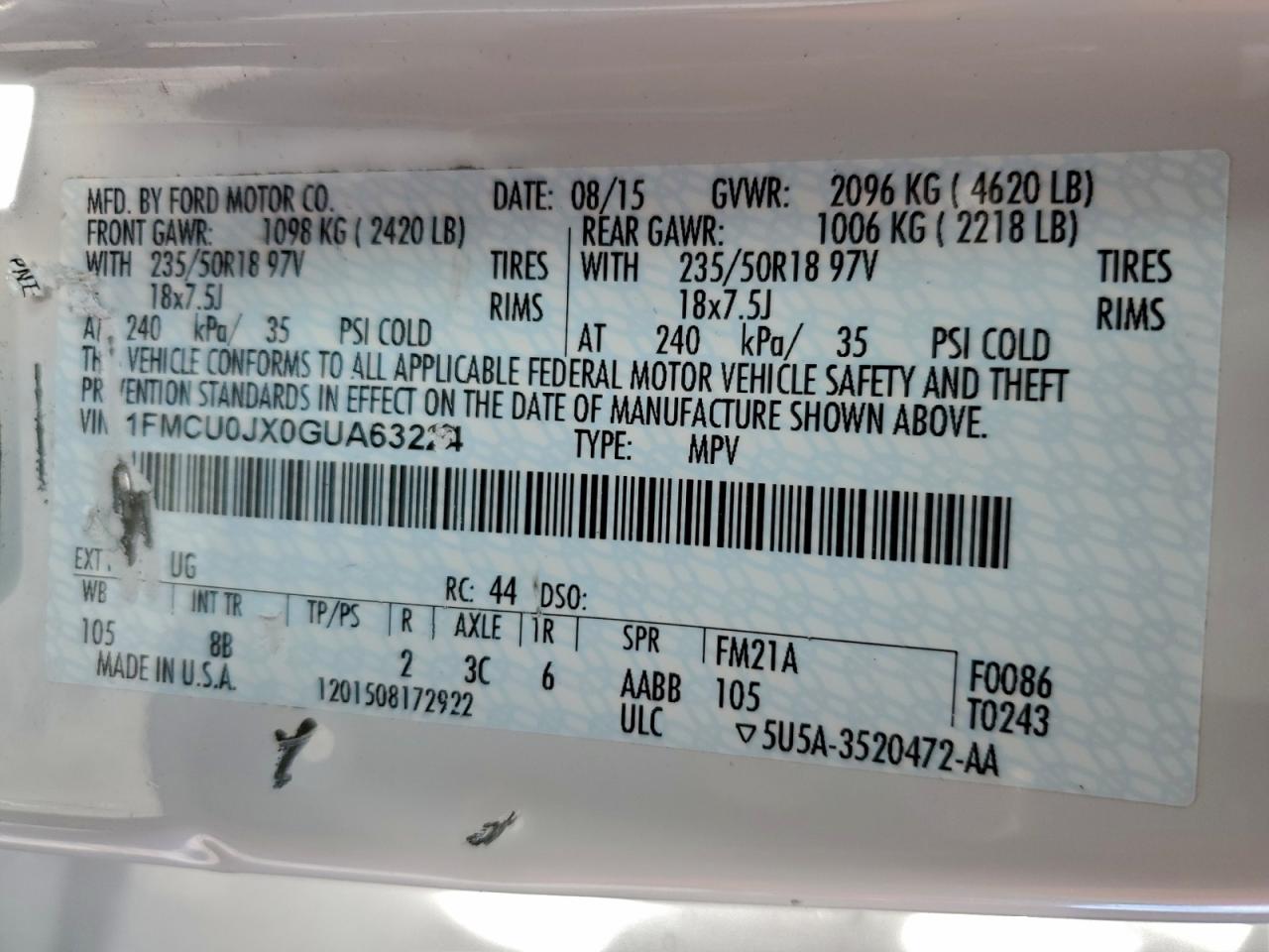 2016 Ford Escape Titanium VIN: 1FMCU0JX0GUA63224 Lot: 94170275