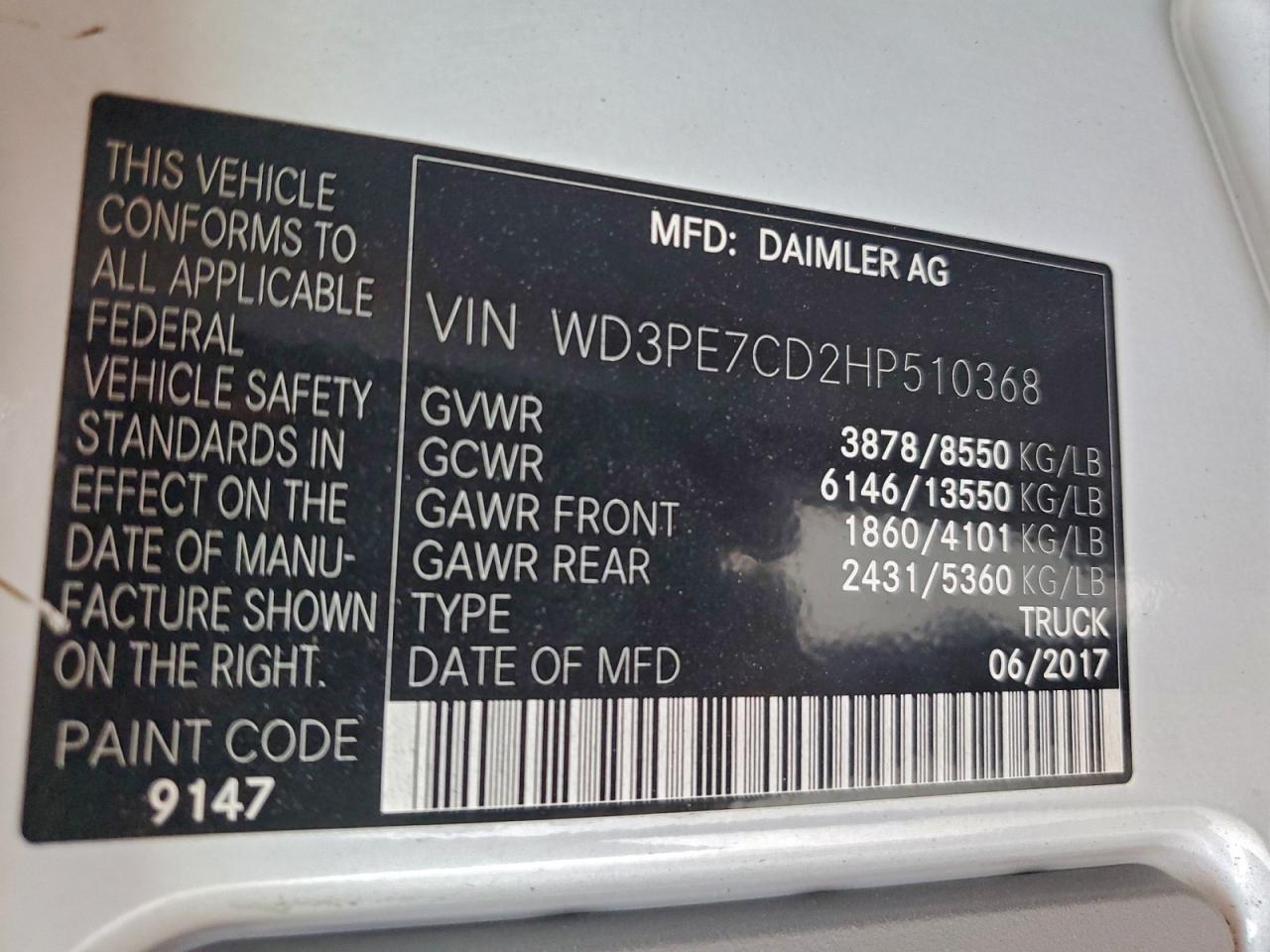 2017 Mercedes-Benz Sprinter 2500 VIN: WD3PE7CD2HP510368 Lot: 94032435