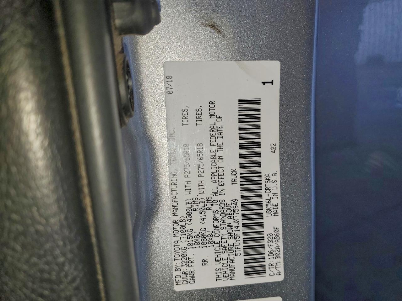 2018 Toyota Tundra Double Cab Sr VIN: 5TFUY5F14JX775949 Lot: 94119425