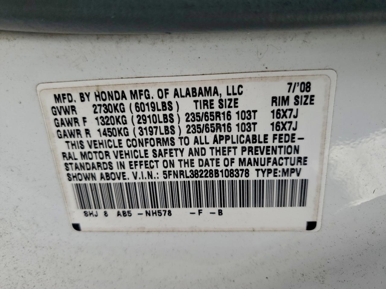 2008 Honda Odyssey Lx VIN: 5FNRL38228B108378 Lot: 94483985