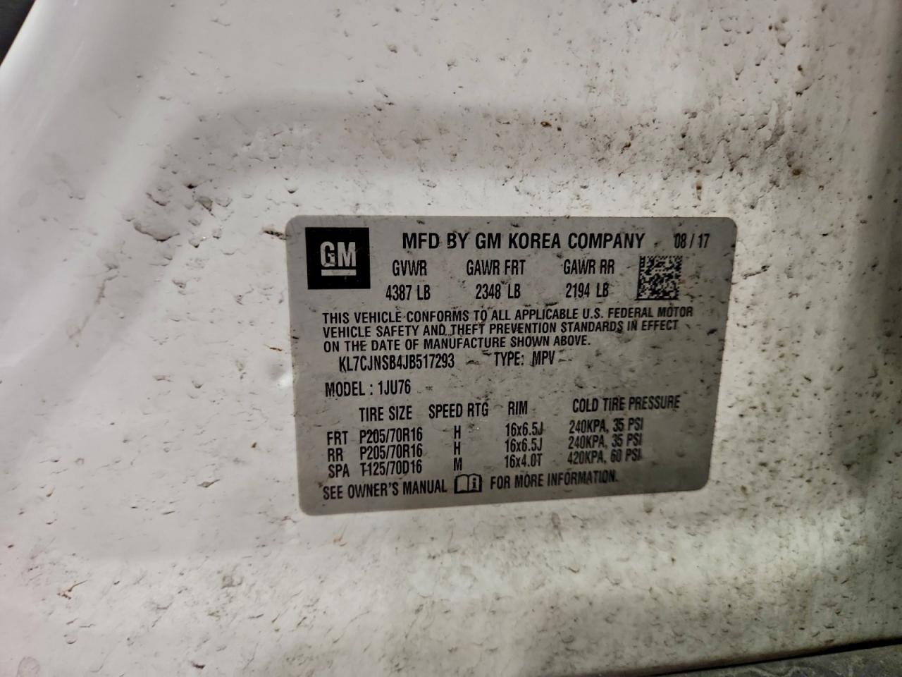 2018 Chevrolet Trax Ls VIN: KL7CJNSB4JB517293 Lot: 94112775