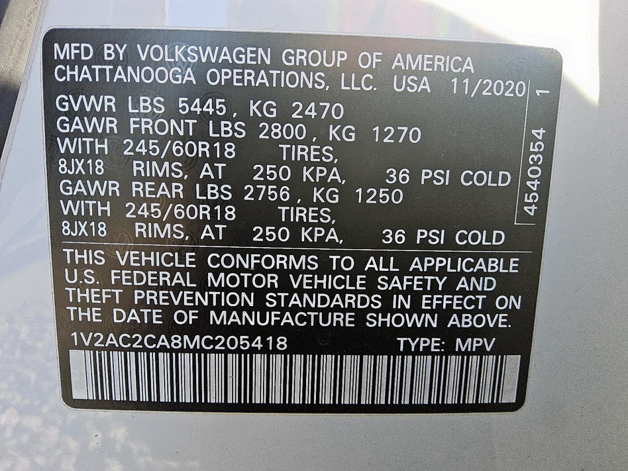 2021 Volkswagen Atlas Cross Sport S VIN: 1V2AC2CA8MC205418 Lot: 90723765