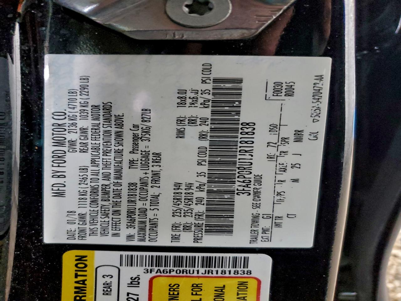 2018 Ford Fusion Titanium/Platinum Hev VIN: 3FA6P0RU1JR181838 Lot: 94324805