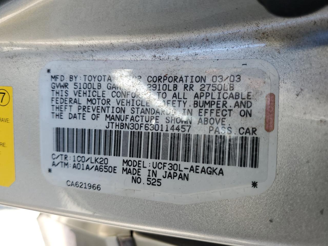 2003 Lexus Ls 430 VIN: JTHBN30F630114457 Lot: 91251085