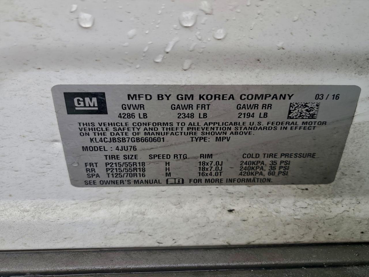 2016 Buick Encore Convenience VIN: KL4CJBSB7GB660601 Lot: 93820305